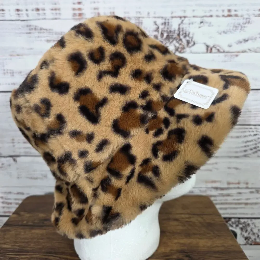 Leopard Print Faux Fur Women's Bucket Hat NWT